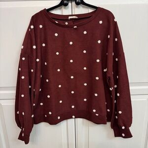 ANDTHEWHY Maroon Dark Red and White Polka Dot Shirt Sweater Size 1X. Super cute!
